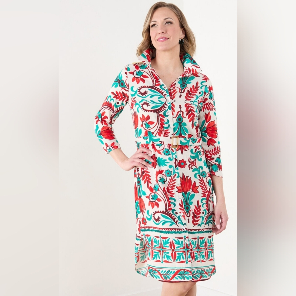 Fig and Flower Red and Teal Floral Dress Sz Large